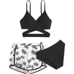 imageGirls 3 Piece Swimsuit Tropical Wrap Criss Cross Cute Bikini Set Bathing Suit with Beach ShortsBlack
