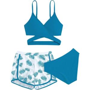 imageGirls 3 Piece Swimsuit Tropical Wrap Criss Cross Cute Bikini Set Bathing Suit with Beach ShortsTeal Blue