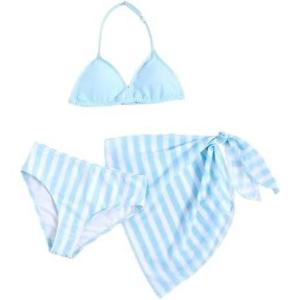 imageGirls 3 Piece Triangle Halter Bathing Suit Wireless Swimsuit with Striped Mesh Cover Up SkirtBlue and White