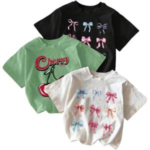 imageGirls Bow Cherry Graphic Tees Short Sleeve Crewneck Cute T Shirts Tops for Teens Summer TopsGreen Multicolor