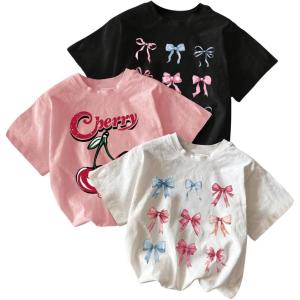 imageGirls Bow Cherry Graphic Tees Short Sleeve Crewneck Cute T Shirts Tops for Teens Summer TopsMulticolor