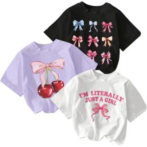 imageGirls Bow Cherry Graphic Tees Short Sleeve Crewneck Cute T Shirts Tops for Teens Summer TopsPurple Multicolor