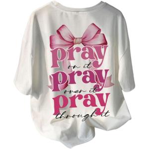 imageGirls Bowknot Letter Graphic Tee Round Neck Short Sleeve Cute Tops Loose T ShirtWhite