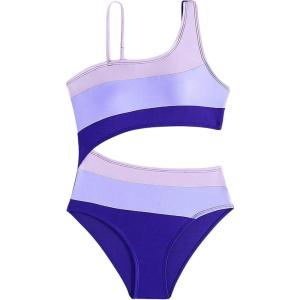 imageGirls Color Block Cut Out One Piece Swimsuit Asymmetrical Neck Wireless Bathing Suit BeachwearMulticolor
