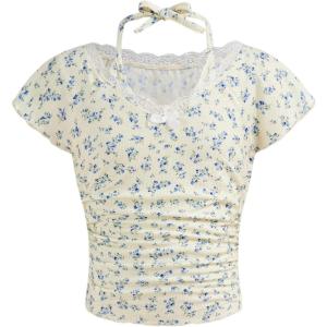 imageGirls Ditsy Floral Print Bow Lace T Shirt Short Sleeve Halter V Neck Ruched Tee ShirtBeige