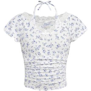 imageGirls Ditsy Floral Print Bow Lace T Shirt Short Sleeve Halter V Neck Ruched Tee ShirtWhite