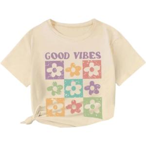 imageGirls Floral Graphic Print Cute T Shirts Crew Neck Short Sleeve Clothes Loose Summer Cute Tops for GirlsApricot Floral