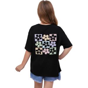 imageGirls Floral Graphic Print Cute T Shirts Crew Neck Short Sleeve Clothes Loose Summer Cute Tops for GirlsBlack