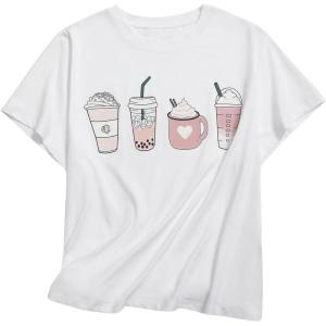 imageGirls Graphic Print Round Neck Tee Tops Short Sleeve Casual Summer TShirtsWhite and Pink