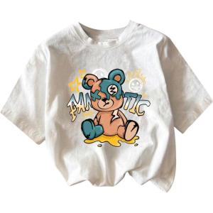 imageGirls Graphic Print Tee Shirt Round Neck Short Sleeve T Shirts Summer Cute Trendy TopsBear Print White
