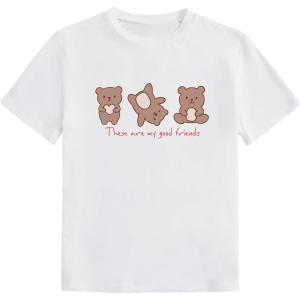 imageGirls Graphic Print Tee Shirt Round Neck Short Sleeve T Shirts Summer Cute Trendy TopsBear White