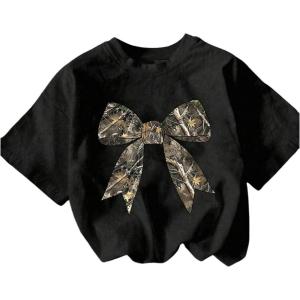 imageGirls Graphic Print Tee Shirt Round Neck Short Sleeve T Shirts Summer Cute Trendy TopsBlack Bow
