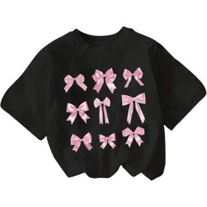 imageGirls Graphic Print Tee Shirt Round Neck Short Sleeve T Shirts Summer Cute Trendy TopsBlack and Pink