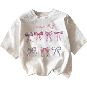 imageGirls Graphic Print Tee Shirt Round Neck Short Sleeve T Shirts Summer Cute Trendy TopsBow White