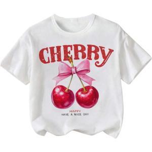 imageGirls Graphic Print Tee Shirt Round Neck Short Sleeve T Shirts Summer Cute Trendy TopsBowknot White