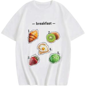 imageGirls Graphic Print Tee Shirt Round Neck Short Sleeve T Shirts Summer Cute Trendy TopsBreakfast White
