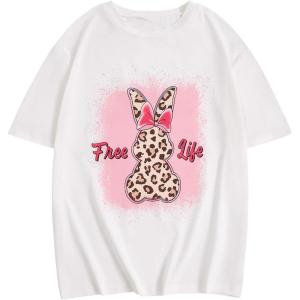 imageGirls Graphic Print Tee Shirt Round Neck Short Sleeve T Shirts Summer Cute Trendy TopsBunny White