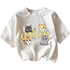 imageGirls Graphic Print Tee Shirt Round Neck Short Sleeve T Shirts Summer Cute Trendy TopsCat White