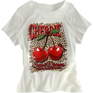 imageGirls Graphic Print Tee Shirt Round Neck Short Sleeve T Shirts Summer Cute Trendy TopsCheetah White