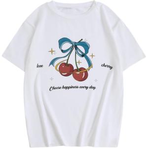 imageGirls Graphic Print Tee Shirt Round Neck Short Sleeve T Shirts Summer Cute Trendy TopsCherry White