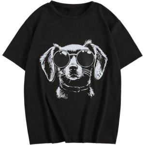 imageGirls Graphic Print Tee Shirt Round Neck Short Sleeve T Shirts Summer Cute Trendy TopsDog Black
