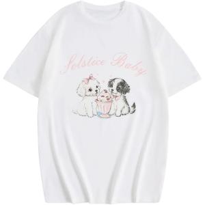 imageGirls Graphic Print Tee Shirt Round Neck Short Sleeve T Shirts Summer Cute Trendy TopsDog White