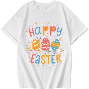 imageGirls Graphic Print Tee Shirt Round Neck Short Sleeve T Shirts Summer Cute Trendy TopsEaster White