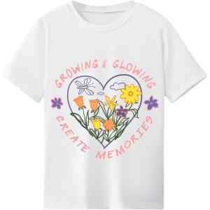 imageGirls Graphic Print Tee Shirt Round Neck Short Sleeve T Shirts Summer Cute Trendy TopsFlower White