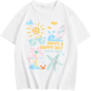 imageGirls Graphic Print Tee Shirt Round Neck Short Sleeve T Shirts Summer Cute Trendy TopsHoliday White
