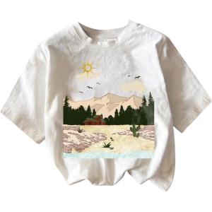 imageGirls Graphic Print Tee Shirt Round Neck Short Sleeve T Shirts Summer Cute Trendy TopsMountain White