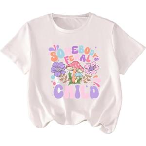 imageGirls Graphic Print Tee Shirt Round Neck Short Sleeve T Shirts Summer Cute Trendy TopsMushrooms White