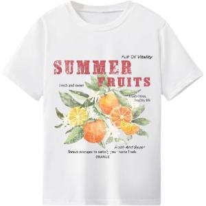 imageGirls Graphic Print Tee Shirt Round Neck Short Sleeve T Shirts Summer Cute Trendy TopsOrange White