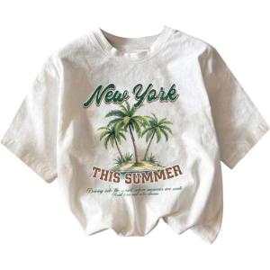 imageGirls Graphic Print Tee Shirt Round Neck Short Sleeve T Shirts Summer Cute Trendy TopsPalm Tree White