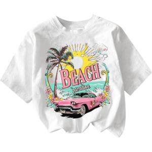 imageGirls Graphic Print Tee Shirt Round Neck Short Sleeve T Shirts Summer Cute Trendy TopsPink Beach White