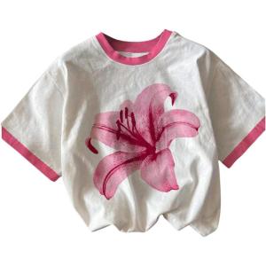 imageGirls Graphic Print Tee Shirt Round Neck Short Sleeve T Shirts Summer Cute Trendy TopsPink and White