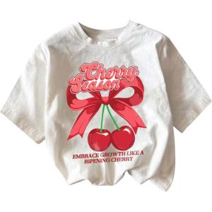 imageGirls Graphic Print Tee Shirt Round Neck Short Sleeve T Shirts Summer Cute Trendy TopsRed Bow White