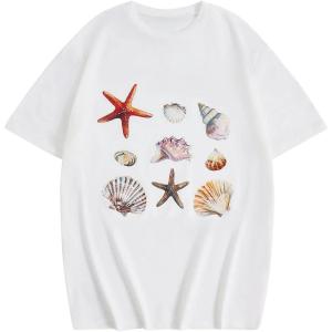 imageGirls Graphic Print Tee Shirt Round Neck Short Sleeve T Shirts Summer Cute Trendy TopsSea Shell White