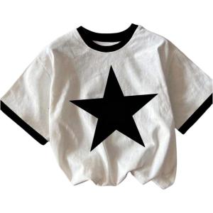 imageGirls Graphic Print Tee Shirt Round Neck Short Sleeve T Shirts Summer Cute Trendy TopsStar White