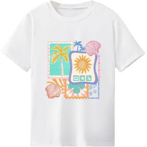 imageGirls Graphic Print Tee Shirt Round Neck Short Sleeve T Shirts Summer Cute Trendy TopsTree White