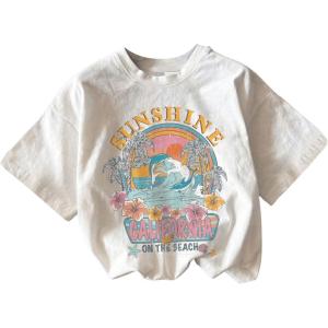 imageGirls Graphic Print Tee Shirt Round Neck Short Sleeve T Shirts Summer Cute Trendy TopsWhite