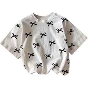 imageGirls Graphic Print Tee Shirt Round Neck Short Sleeve T Shirts Summer Cute Trendy TopsWhite Black Bow