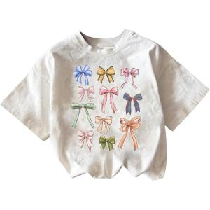 imageGirls Graphic Print Tee Shirt Round Neck Short Sleeve T Shirts Summer Cute Trendy TopsWhite Bow