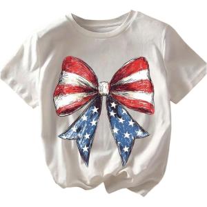 imageGirls Graphic Print Tee Shirt Round Neck Short Sleeve T Shirts Summer Cute Trendy TopsWhite Bowknot