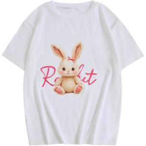 imageGirls Graphic Print Tee Shirt Round Neck Short Sleeve T Shirts Summer Cute Trendy TopsWhite Bunny