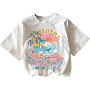 imageGirls Graphic Print Tee Shirt Round Neck Short Sleeve T Shirts Summer Cute Trendy TopsWhite Flower