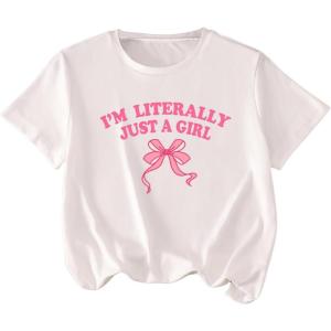 imageGirls Graphic Print Tee Shirt Round Neck Short Sleeve T Shirts Summer Cute Trendy TopsWhite Pink