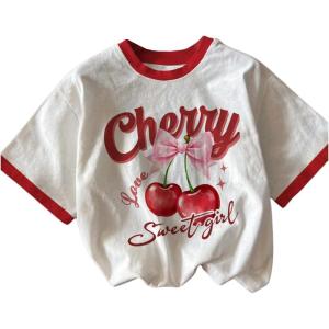 imageGirls Graphic Print Tee Shirt Round Neck Short Sleeve T Shirts Summer Cute Trendy TopsWhite Red