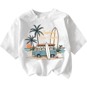 imageGirls Graphic Print Tee Shirt Round Neck Short Sleeve T Shirts Summer Cute Trendy TopsWhite Tropical