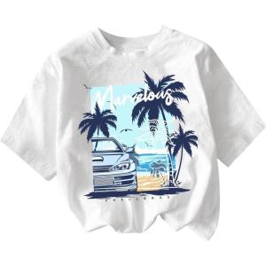 imageGirls Graphic Print Tee Shirt Round Neck Short Sleeve T Shirts Summer Cute Trendy TopsWhite With Blue