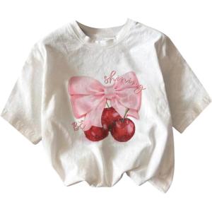 imageGirls Graphic Print Tee Shirt Round Neck Short Sleeve T Shirts Summer Cute Trendy TopsWhite With Bow